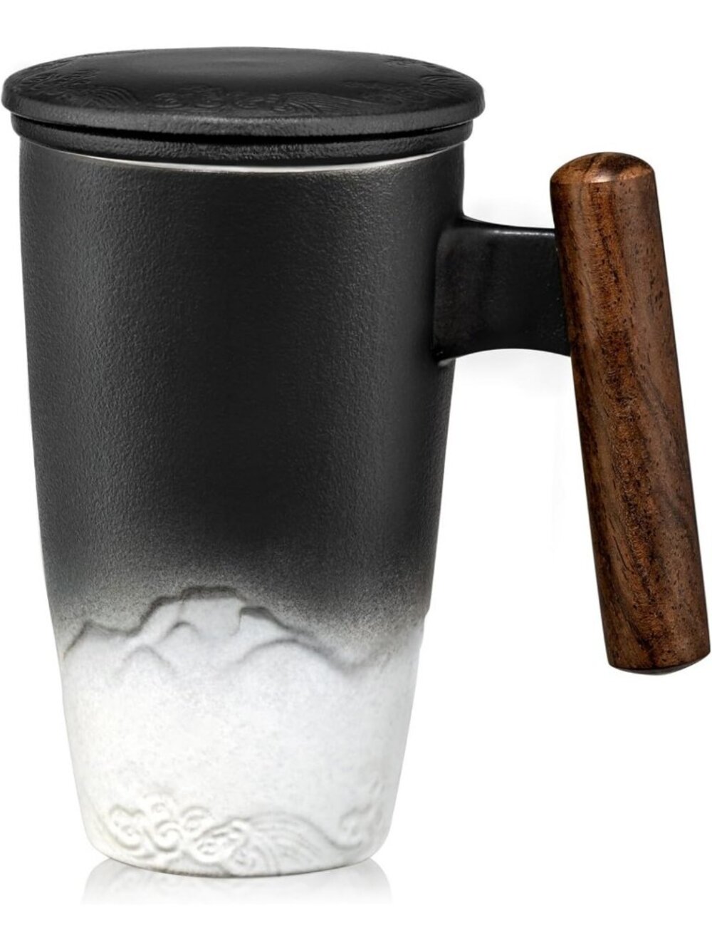 Ceramic Tea Cup with Infuser & Lid, Wooden Handle, 400ml/13.5oz, Black Mug